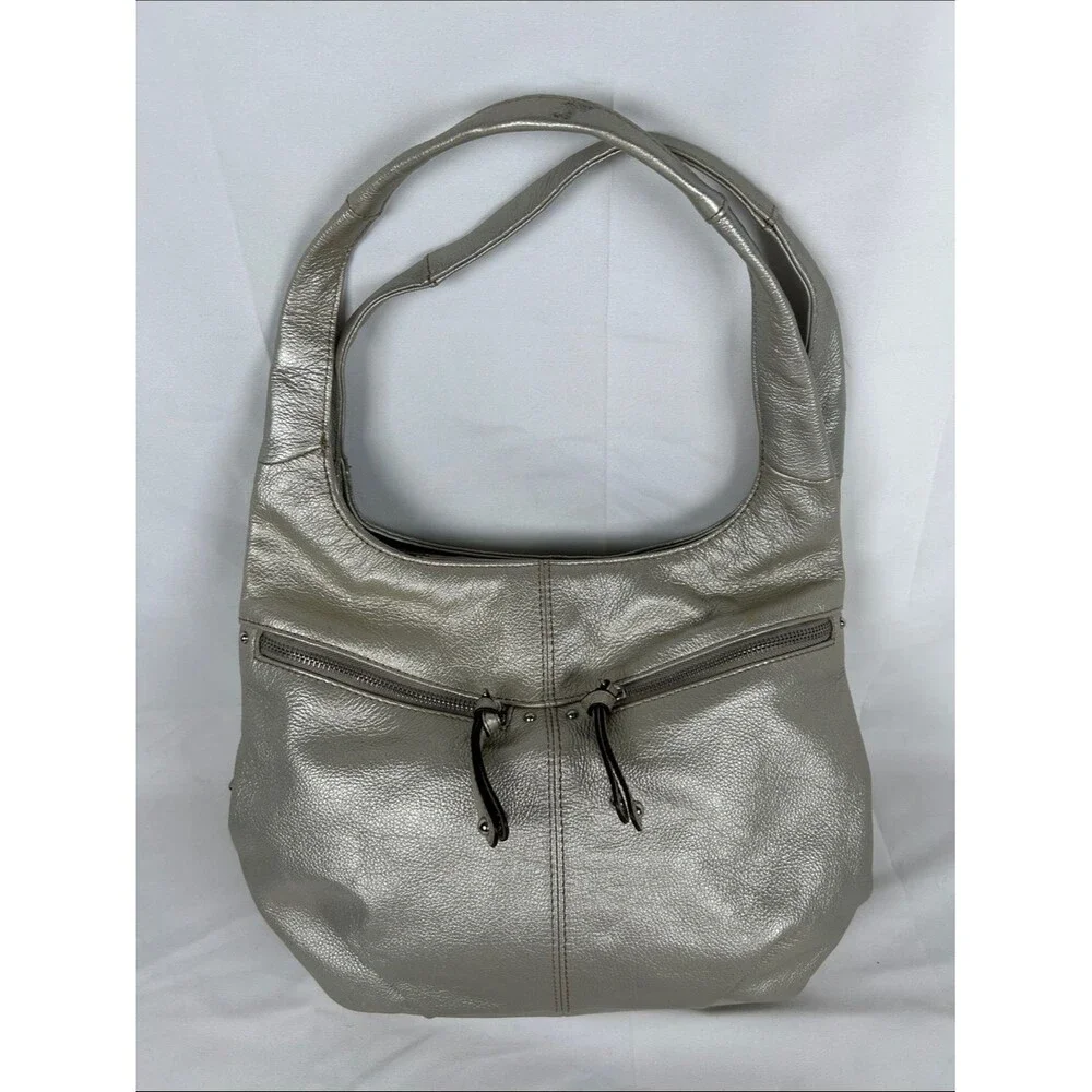Tignanello Leather Metallic Silver Hobo Bag with Matching Wallet And Keyring